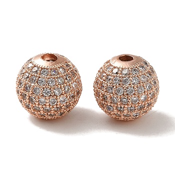 Rack Plating Brass Pave Clear Cubic Zirconia Beads, Long-Lasting Plated, Cadmium Free & Lead Free, Round, Rose Gold, 12mm, Hole: 2.5mm
