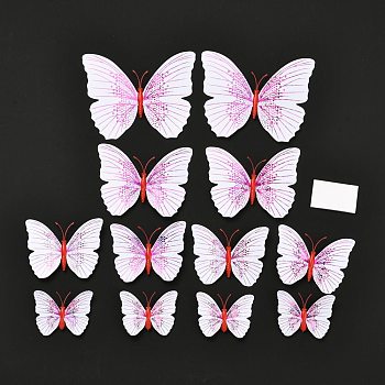 PVC Plastic Artificial 3D Butterfly Decorations, with Adhesive Sticker and Magnet, for Fridge Magnets or Wall Decorations, Magenta, 45~95x57~118x5mm, 12pcs/bag