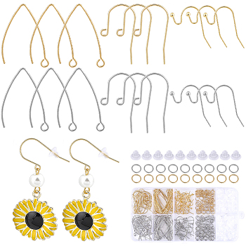 108Pcs 6 Style 304 Stainless Steel Earring Hooks, Marquise Ear Wire & Shepherd's Hook Ear Wire, with 110Pcs Open Jump Rings & 120Pcs Eco-Friendly Plastic Ear Nuts, Golden & Stainless Steel Color, 11~31x16.5~21x0.8mm, Hole: 1.8~2.3mm, Pin: 0.7mm, 18Pcs/style