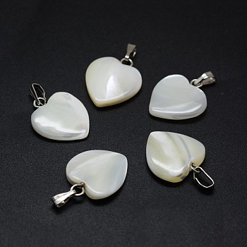 Shell Pendants, with Brass Findings, Heart, Platinum, 17~19x14~15x3~5mm, Hole: 2x5mm