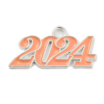 Alloy Enamel Pendants, Lead Free and Cadmium Free, Number 2024 Charm, Silver, Dark Salmon, 18.5x36.5x1.5mm, Hole: 4mm