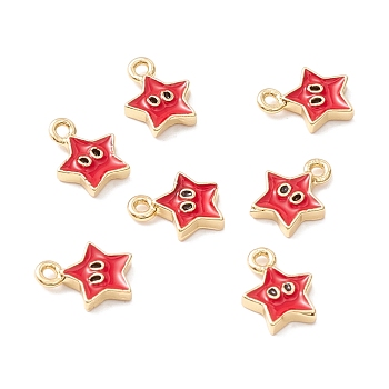 Rack Plating Eco-friendly Brass Enamel Charms, Long-Lasting Plated, Real 18K Gold Plated, Cadmium Free & Nickel Free & Lead Free, Star, Red, 8.5x6.5x1.5mm, Hole: 1mm