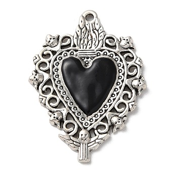 Alloy Pendants, with Black Enamel, Antique Silver, Heart, 41x29.5x2mm, Hole: 1.6mm