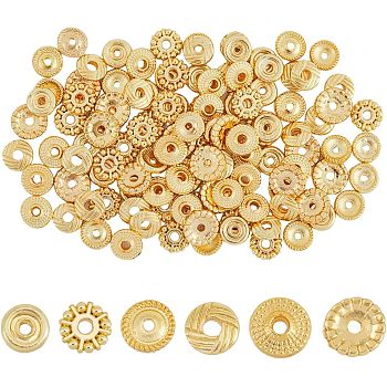 SUPERFINDINGS 120Pcs 6 Styles Rack Plating Alloy Spacer Beads, Lead Free & Cadmium Free, Long-Lasting Plated, Flat Round/Disc, Golden, 8~8.5x2~3mm, Hole: 1.5~2mm, 20pcs/color