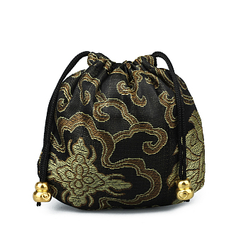 Chinese Style Silk Brocade Jewelry Packing Pouches, Drawstring Gift Bags, Auspicious Cloud Pattern, Black, 11x11cm