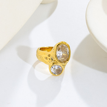 Stainless Steel Pave Cubic Zirconia Finger Rings, Round with Oval, Golden, US Size 7(17.3mm)