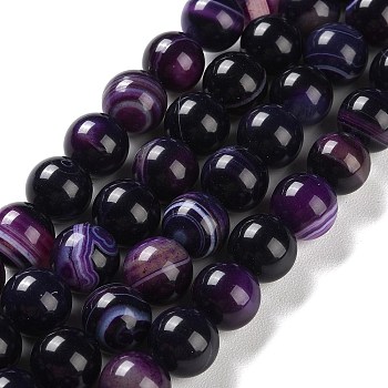 Natural Striped Agate/Banded Agate Beads Strands, Dyed, Round, Indigo, 10mm, Hole: 1.2mm, about 19pcs/strand, 7.60''(19.3cm)