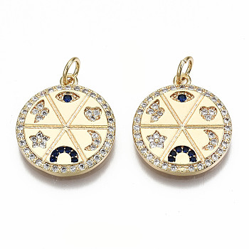 Brass Micro Pave Colorful Cubic Zirconia Pendants, Nickel Free, Flat Round, Real 18K Gold Plated, 19x17x2mm, Jump Ring: 5x0.7mm, 3mm inner diameter
