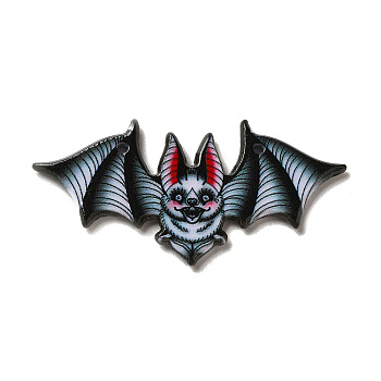Halloween Printed Acrylic Pendants, Bat Charm, Black, 23.5x48x2.5mm, Hole: 2mm