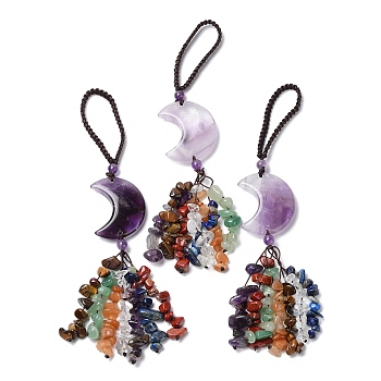 Moon Natural Amethyst Pendant Decorations, Nylon Cord and Gemstone Chip Tassel Hanging Ornaments, 150~155mm