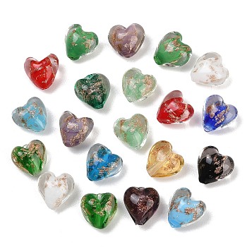 Handmade Gold Sand Lampwork Beads, Heart, Mixed Color, 12~13x12.5~13x8.5~9mm, Hole: 1.4~1.5mm