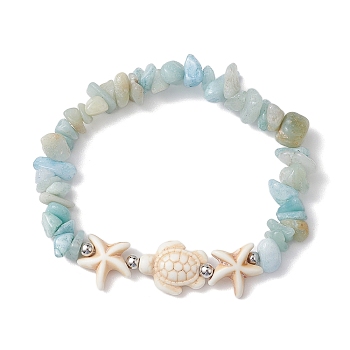 Natural Amazonite & Synthetic Turquoise Beaded Stretch Bracelets for Women, Turtles & Starfish, White, Inner Diameter: 2-1/8 inch(5.5cm)