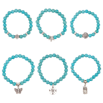 6Pcs 6 Style Synthetic Turquoise Round Beaded Stretch Bracelets Set, Helm & Butterfly & Owl Alloy Charms Stackable Bracelets for Women, Inner Diameter: 2~2-1/8inch(5.2~5.8cm), 1Pc/style