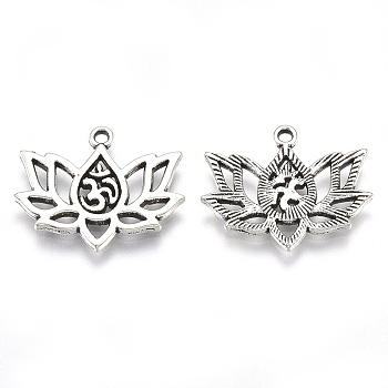 Tibetan Style Alloy Pendants, Cadmium Free & Lead Free, Lotus with Yoga/Om Symbol Pattern, Antique Silver, 16x20x1.5mm, Hole: 1.4mm, about 750pcs/1000g