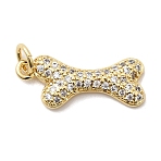 Brass Micro Pave Cubic Zirconia Pendants, Bone Charms, Long-Lasting Plated, Rack Plating, Lead Free & Cadmium Free, with Jump Ring, Real 18K Gold Plated, 20x9x3mm, Hole: 3mm(KK-H529-19G)