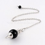 Natural Obsidian Sphere Dowsing Pendulums, with Platinum Tone Brass Cross Chain & Lobster Claw Clasps, 225~240mm(X-BJEW-E292-A04)