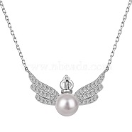 925 Sterling Silver Pendant Necklaces, Micro Pave Clear Cubic Zirconia and Shell Bead, Wings, Real Platinum Plated, 15.79 inch(40.1cm)(NJEW-L179-16P)