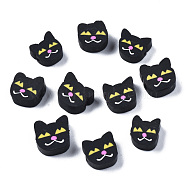 Handmade Polymer Clay Beads, Cat, Black, 8~10x8~10x3.5~5mm, Hole: 1.5mm(CLAY-N011-024)