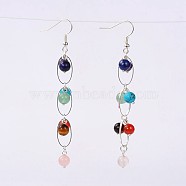 Trendy Gemstone Dangle Earrings, with Brass Findings and Brass Earring Hooks, Silver Color Plated, Mixed Stone, 82mm, Pin: 0.5mm(EJEW-JE01429)