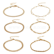 6Pcs 6 Style Brass Twist Rope & Figaro & Paperclip & Curb Chain Bracelets Set for Women, Golden, 7-1/8~8-3/8 inch(18~21.2cm), 1Pc/style(BJEW-AN0001-10)