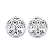 201 Stainless Steel Pendant,  Hollow Charms, Flat Round with Bee, Stainless Steel Color, 27x25x1.5mm, Hole: 1.4mm(STAS-B027-10P)