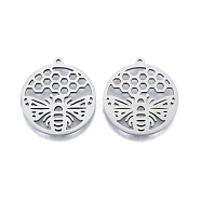 Non-Tarnish 201 Stainless Steel Pendant, Hollow Charms, Flat Round with Bee, Stainless Steel Color, 27x25x1.5mm, Hole: 1.4mm(STAS-B027-10P)