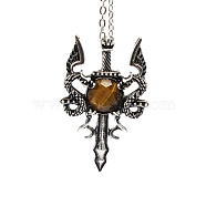 Natural Tiger Eye Dragon Sword Pendant Necklace, Gothic Alloy Jewelry for Men Women, Antique Silver & Platinum, 19.69 inch(50cm)(G-PW0004-67E)