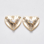 Brass Cubic Zirconia Pendants, Nickel Free, Heart, Real 18K Gold Plated, Clear, 15.5x15.5x4.5mm, Hole: 1.2mm(KK-T049-030G-NF)
