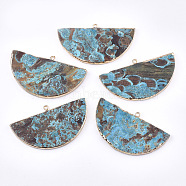 Electroplate Natural Ocean Jasper Big Pendants, with Iron Findings, Semicircle, Dyed, Golden, 34~35x60~62x4~5mm, Hole: 2mm(G-T112-11B)