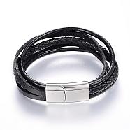 Leather Cord Multi-strand Bracelets, with 304 Stainless Steel Magnetic Clasps, Black, 8-1/4 inch(215mm)x11x6.5mm(BJEW-K141-10)