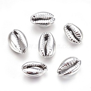 Electroplated Shell Beads, Cowrie Shells, Platinum, 15~20x10~12x5~6mm, Hole: 12~14x2~3mm(BSHE-O017-13P-WH)