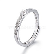 Anti-Tarnish Adjustable Rhodium Plated 925 Sterling Silver Finger Ring Components, For Half Drilled Beads, with Micro Pave Cubic Zirconia, with 925 Stamp, Platinum, Size 6, 16mm, Tray: 3.5mm, Pin: 0.8mm(STER-F048-15P)