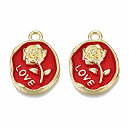 Rack Plating Alloy Enamel Pendants, Light Gold, Cadmium Free & Nickel Free & Lead Free, Oval with Rose & Word Love, Red, 21x16x3mm, Hole: 1.6mm(PALLOY-N172-063D)