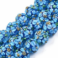 Handmade Lampwork Beads Strands, Bumpy, Round with Flower, Dodger Blue, 12~13x11~12mm, Hole: 1mm, about 45pcs/strand, 19.29 inch(49cm)(LAMP-N021-015A-07)