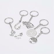 Alloy Pendant Keychain, with Iron Key Rings, Platinum and Antique Silver, Mixed Shapes, Antique Silver, 86~105.5mm(KEYC-JKC00126)