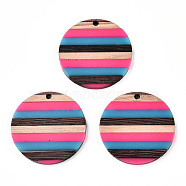 Opaque Resin & Walnut Wood Pendants, Flat Round Charm, Deep Pink, 30x3.5mm, Hole: 2mm(RESI-N039-04)