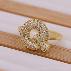 Brass Micro Pave Clear Cubic Zirconia Initial Cuff Rings, Golden, Letter Q, Inner Diameter: Adjustable(FS-WGB210B-17)