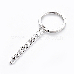 Tarnish Resistant Polishing 304 Stainless Steel Split Key Rings, Keychain Clasp Findings, with Extended Curb Chains, Stainless Steel Color, 84mm, Key Rings: 30x2.8mm(STAS-H558-46P)