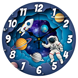 MDF Printed Wall Clock, for Home Living Room Bedroom Decoration, Flat Round, Spaceman, 300mm(HJEW-WH0058-011)