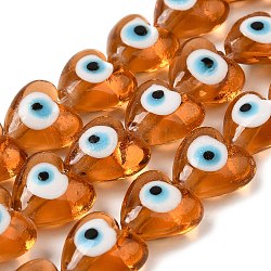 Heart Evil Eye Lampwork Bead Strands, Coconut Brown, 13~15x15x9mm, Hole: 2mm, about 24pcs/strand, 11.4 inch(LAMP-R119-07)
