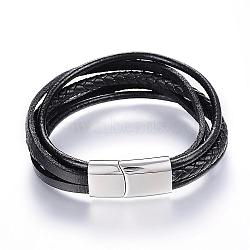 Leather Cord Multi-strand Bracelets, with 304 Stainless Steel Magnetic Clasps, Black, 8-1/4 inches(215mm)x11x6.5mm(BJEW-K141-10)