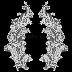 2Pcs 2 Style Rayon Embroidery Costume Accessories, Lace Applique Patch, Sewing Craft Decoration, Floral Pattern, Left/Right, White, 420x168x1.2mm, 1pc/style(PATC-GF0001-02)