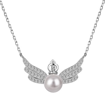 925 Sterling Silver Pendant Necklaces, Micro Pave Clear Cubic Zirconia and Shell Bead, Wings, Real Platinum Plated, 15.79 inch(40.1cm)