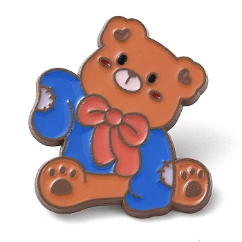 Bear with Bowknot Enamel Pins, Coffee Zinc Alloy Badge for Women, Royal Blue, 31.5x30x2mm