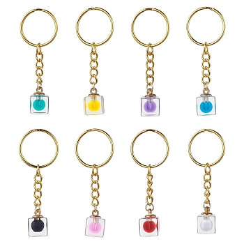 8 Pcs Cube Transparent Plastic Pendants Keychains, with Iron Split Key Rings, Mixed Color, 6.6cm, 8 color, 1pc/color, 8pcs/set