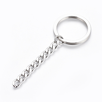 Polishing 304 Stainless Steel Split Key Rings, Keychain Clasp Findings, with Extended Curb Chains, Stainless Steel Color, 84mm, Key Rings: 30x2.8mm