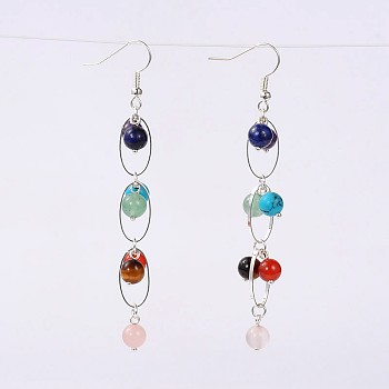 Trendy Gemstone Dangle Earrings, with Brass Findings and Brass Earring Hooks, Silver Color Plated, Mixed Stone, 82mm, Pin: 0.5mm