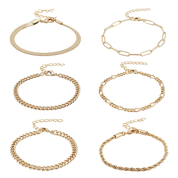 6Pcs 6 Style Brass Twist Rope & Figaro & Paperclip & Curb Chain Bracelets Set for Women, Golden, 7-1/8~8-3/8 inch(18~21.2cm), 1Pc/style