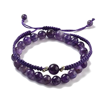 Natural Amethyst Round Beaded Stretch Bracelets & Braided Bead Bracelets, Stackable Bracelets with Synthetic Non-magnetic Hematite, Inner Diameter: 2-1/8~3-3/8 inch(5.5~8.6cm), 2pcs/set