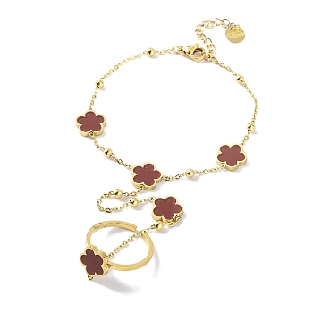 Ion Plating(IP) 304 Stainless Steel Ring Bracelets, Resin Flower Link Chain Bracelet with Open Cuff Rings, Golden, Indian Red, 6-3/4 inch(17cm)